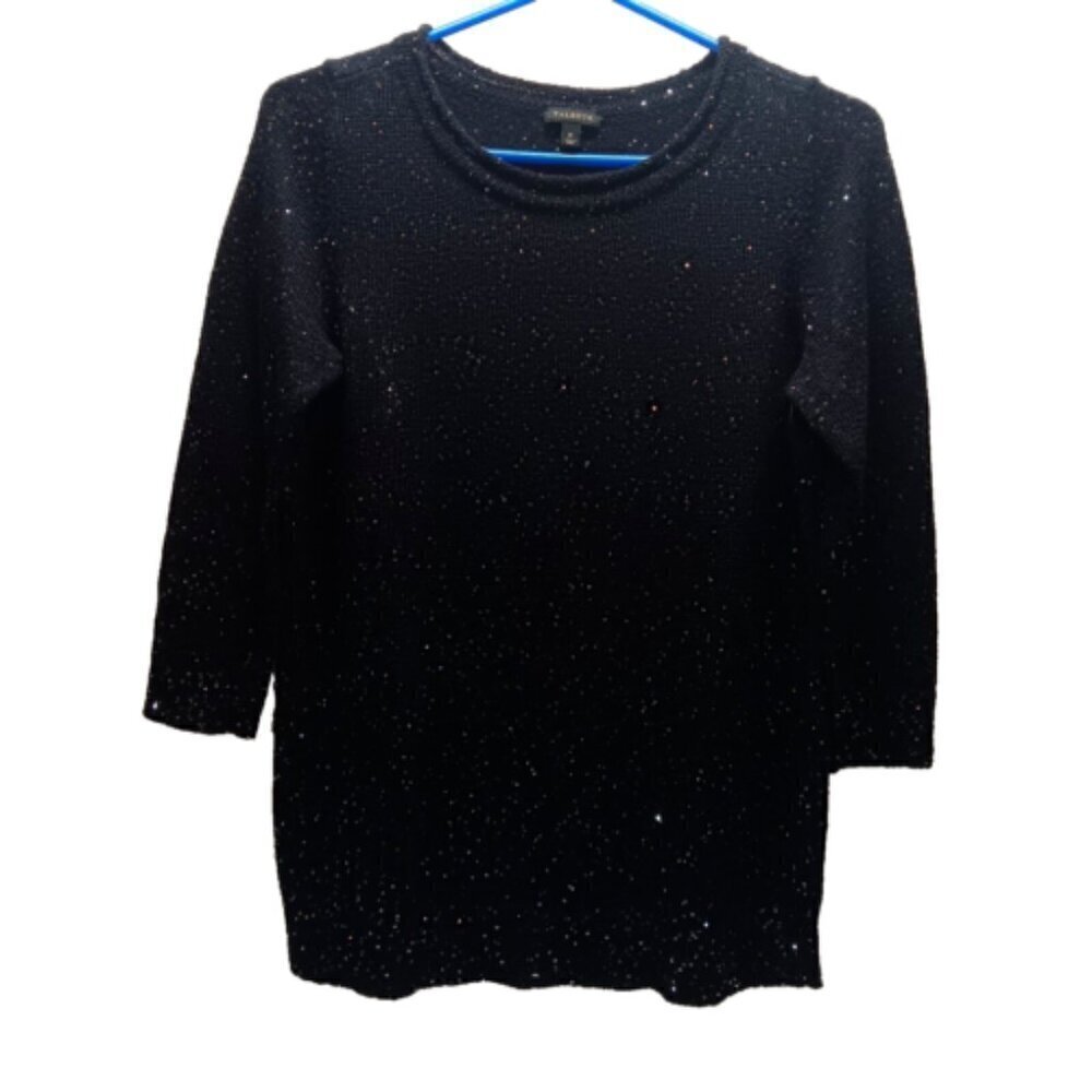 Talbots Womens Dark Navy Sequin Sweater Size Medium 3/4 Sleeve Holiday Sparkles